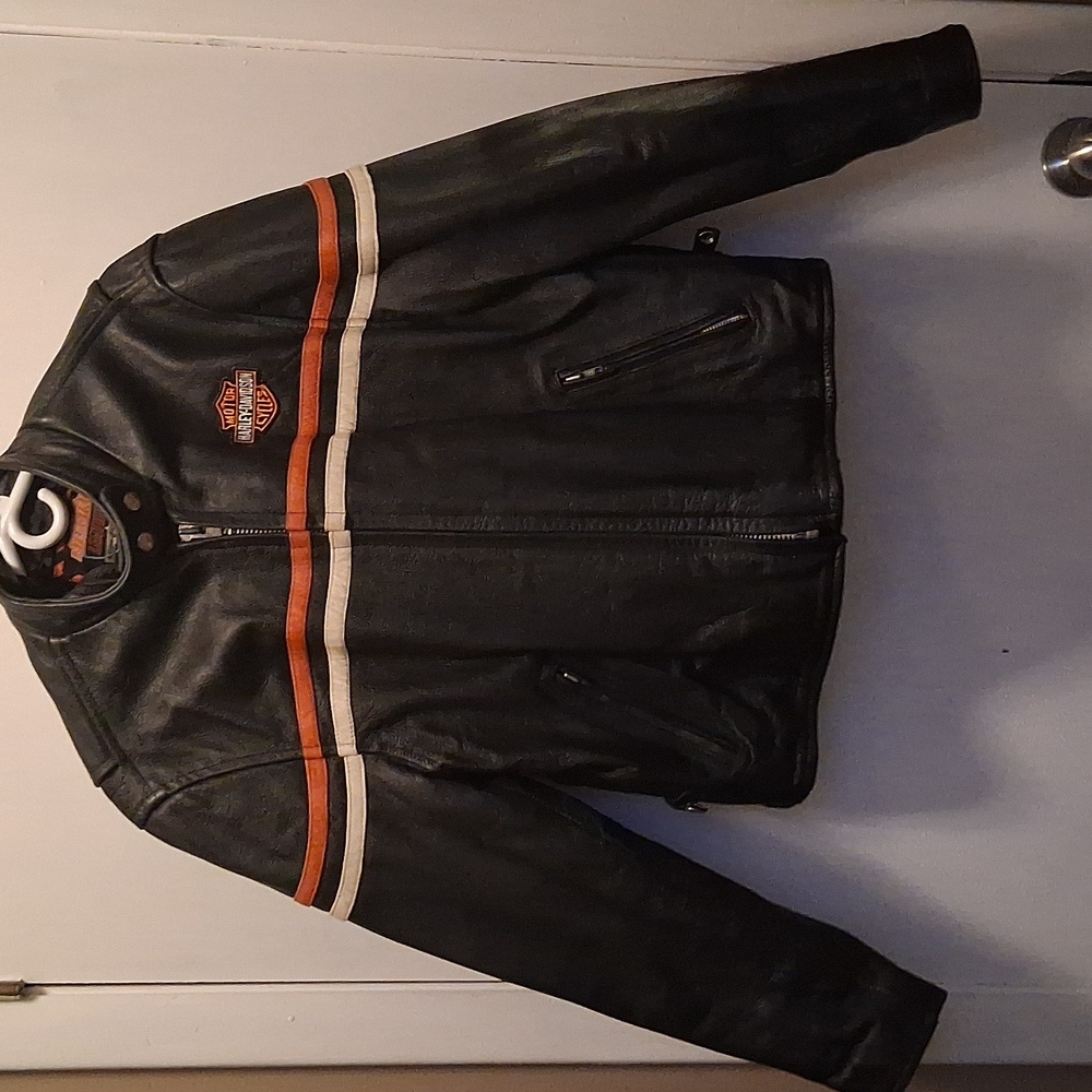 Interstate Leather Womens Black With Orange Stripes Jacket Harley Davidson